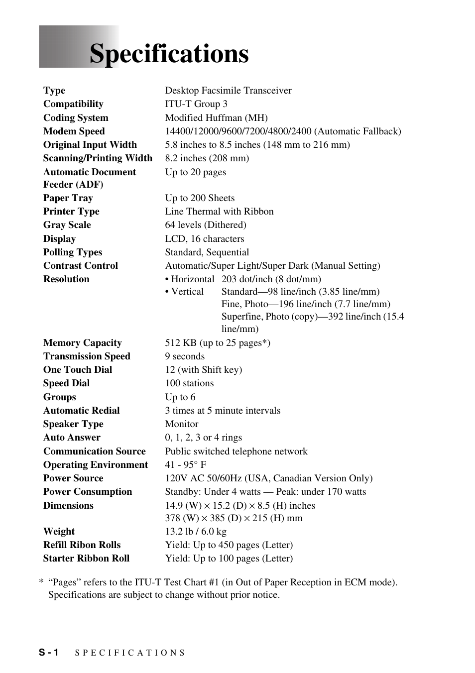 Specifications | Brother IntelliFAX 1270e User Manual | Page 98 / 108