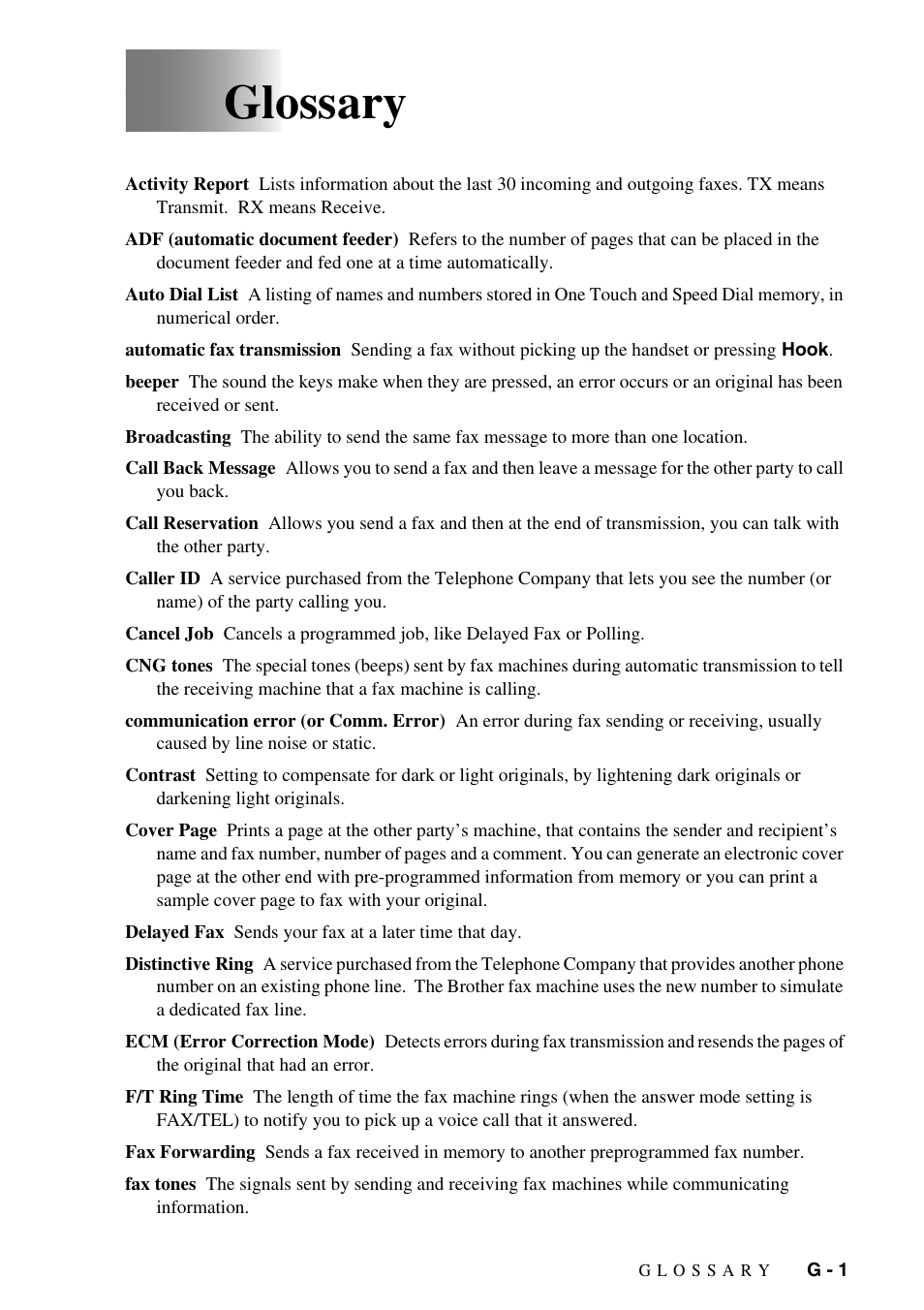 Glossary | Brother IntelliFAX 1270e User Manual | Page 99 / 108