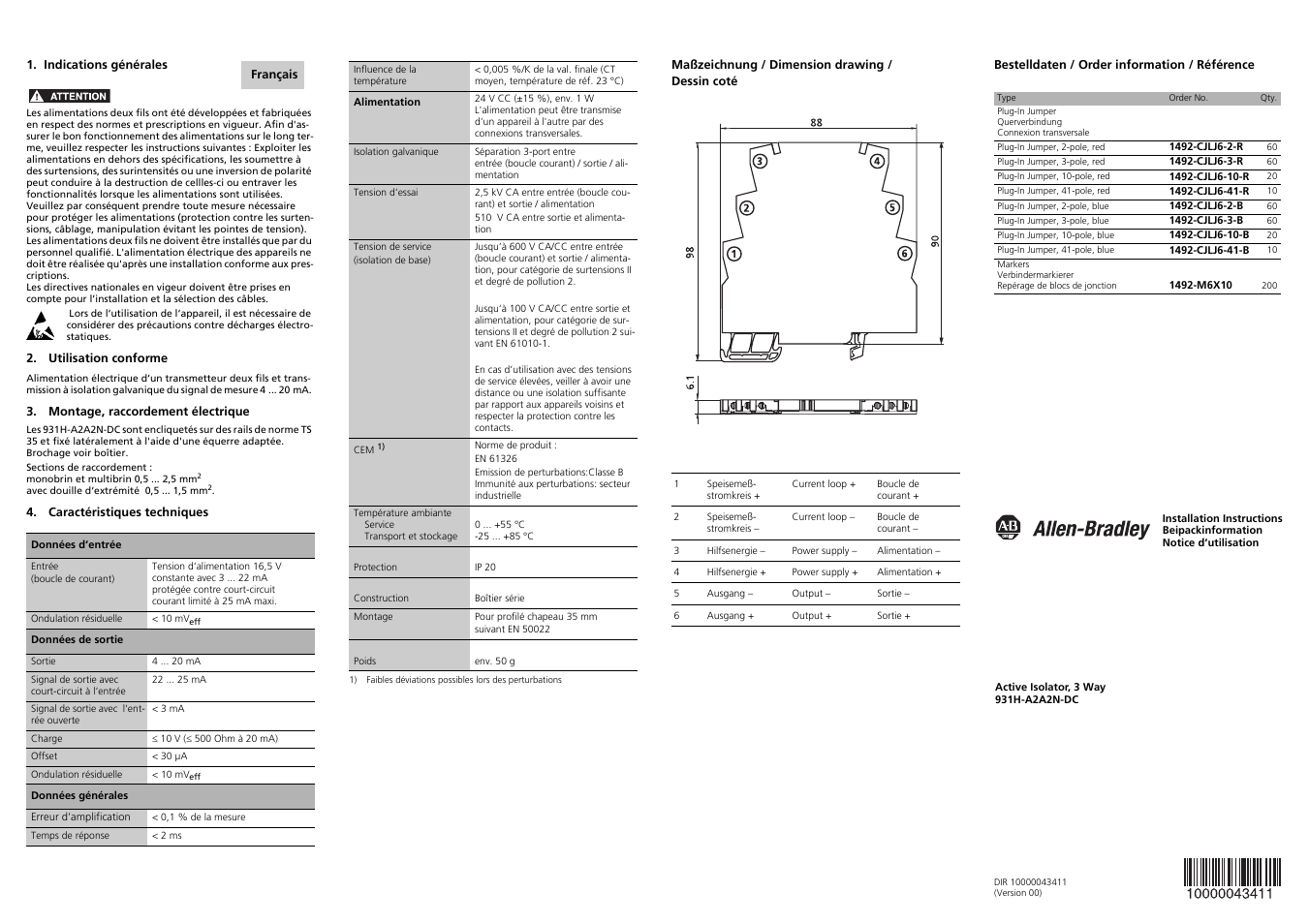 Utilisation conforme, Montage, raccordement électrique, Caractéristiques techniques | Français | Rockwell Automation 931H-A2A2N-DC Active Isolator User Manual | Page 2 / 2