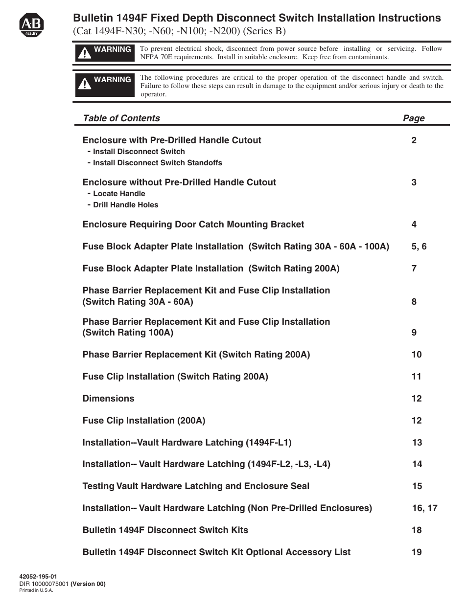 Rockwell Automation 1494F-N30_N60_N100_N200 (Series B) Fixed Depth Disconnect Switch (30A / 60A / 100A / 200A) User Manual | 20 pages