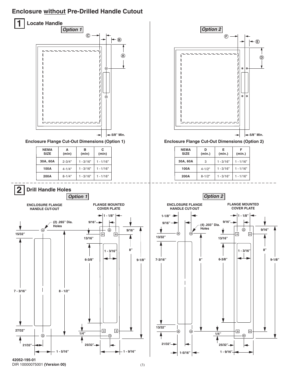 Enclosure without pre-drilled handle cutout, Locate handle, Drill handle holes | Option 1 option 2, Option 1, Option 2 | Rockwell Automation 1494F-N30_N60_N100_N200 (Series B) Fixed Depth Disconnect Switch (30A / 60A / 100A / 200A) User Manual | Page 3 / 20