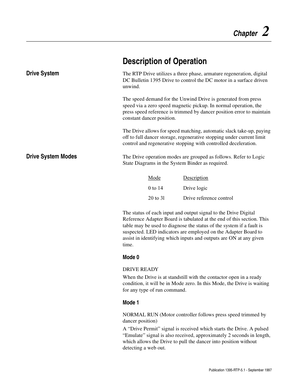 Chapter 2, Drive system, Drive system modes | Mode 0, Drive ready, Mode 1, Description of operation, Chapter | Rockwell Automation 1395 Reel Tension Paster Adapter User Manual | Page 13 / 49