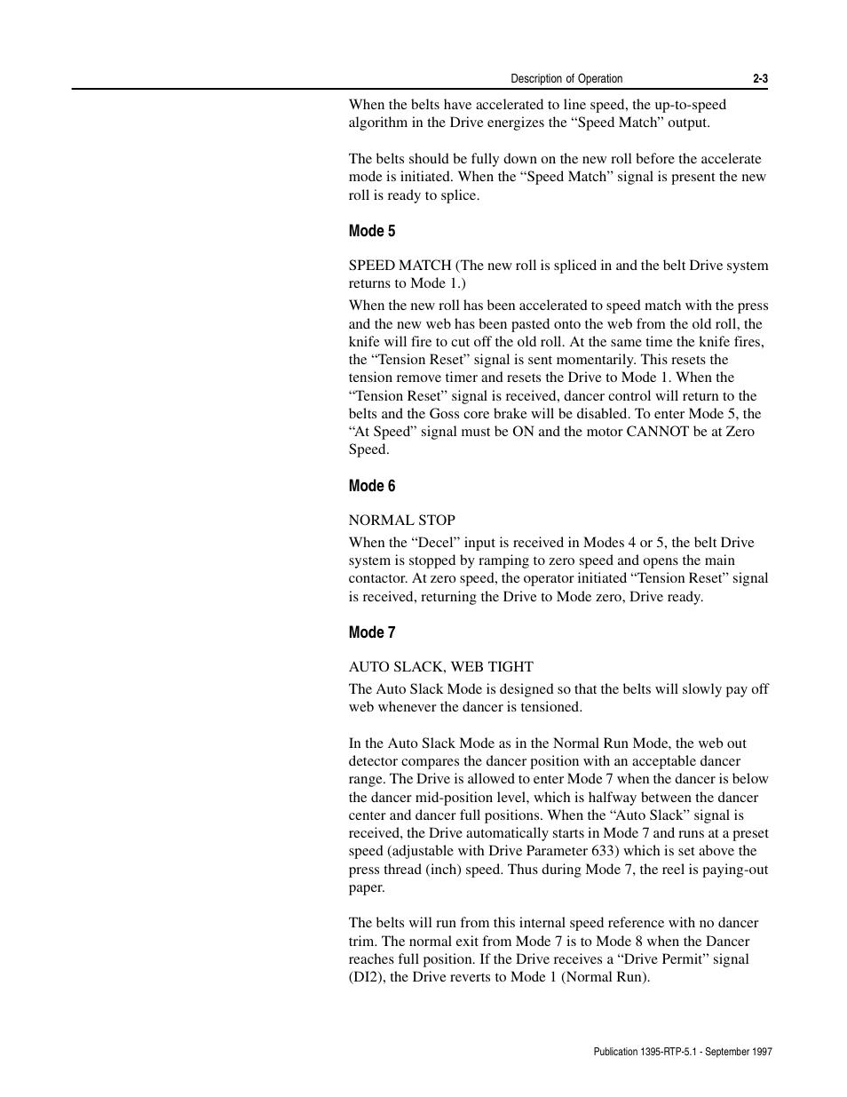 Mode 5, Mode 6, Normal stop | Mode 7, Auto slack, web tight | Rockwell Automation 1395 Reel Tension Paster Adapter User Manual | Page 15 / 49