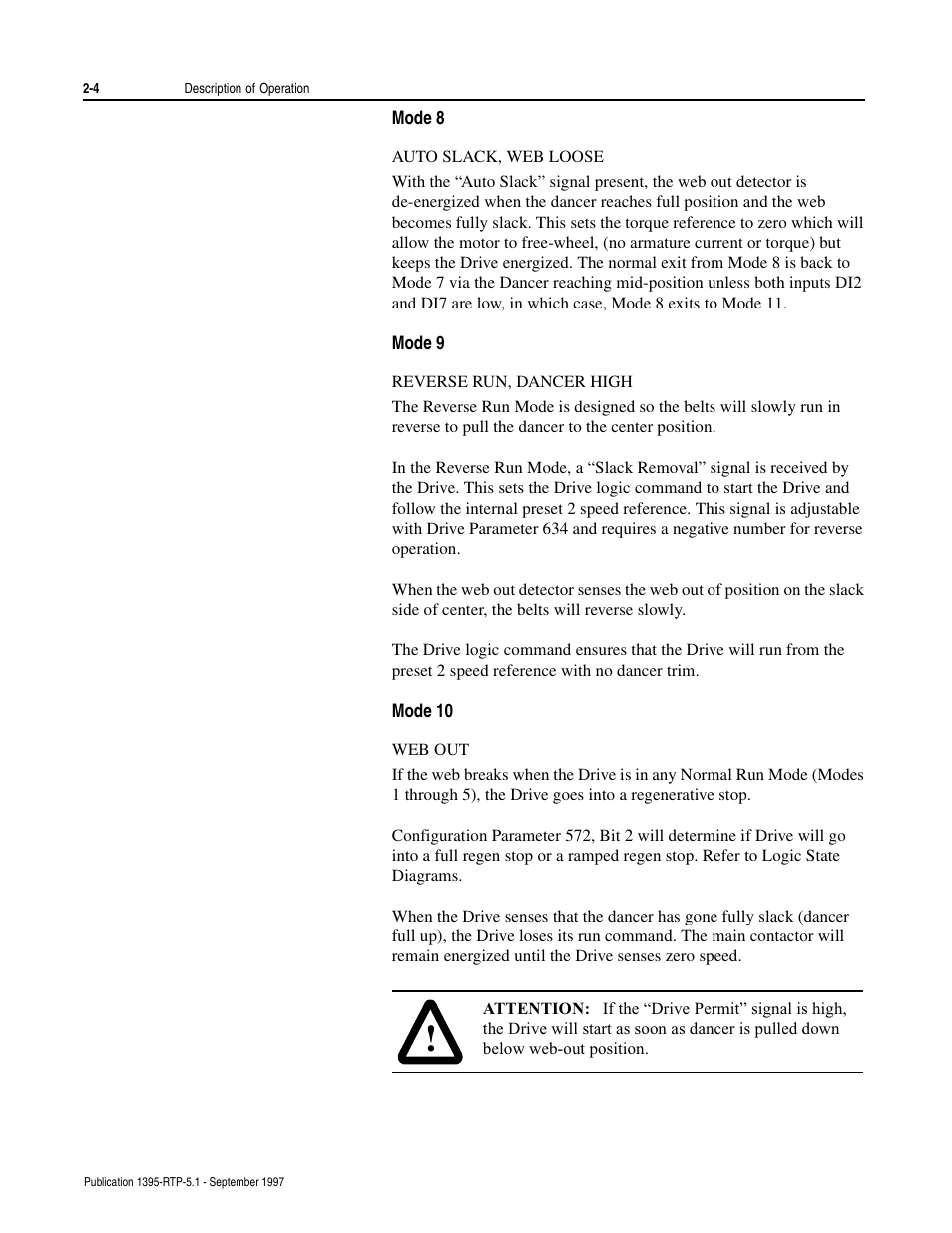 Mode 8, Auto slack, web loose, Mode 9 | Reverse run, dancer high, Mode 10, Web out | Rockwell Automation 1395 Reel Tension Paster Adapter User Manual | Page 16 / 49