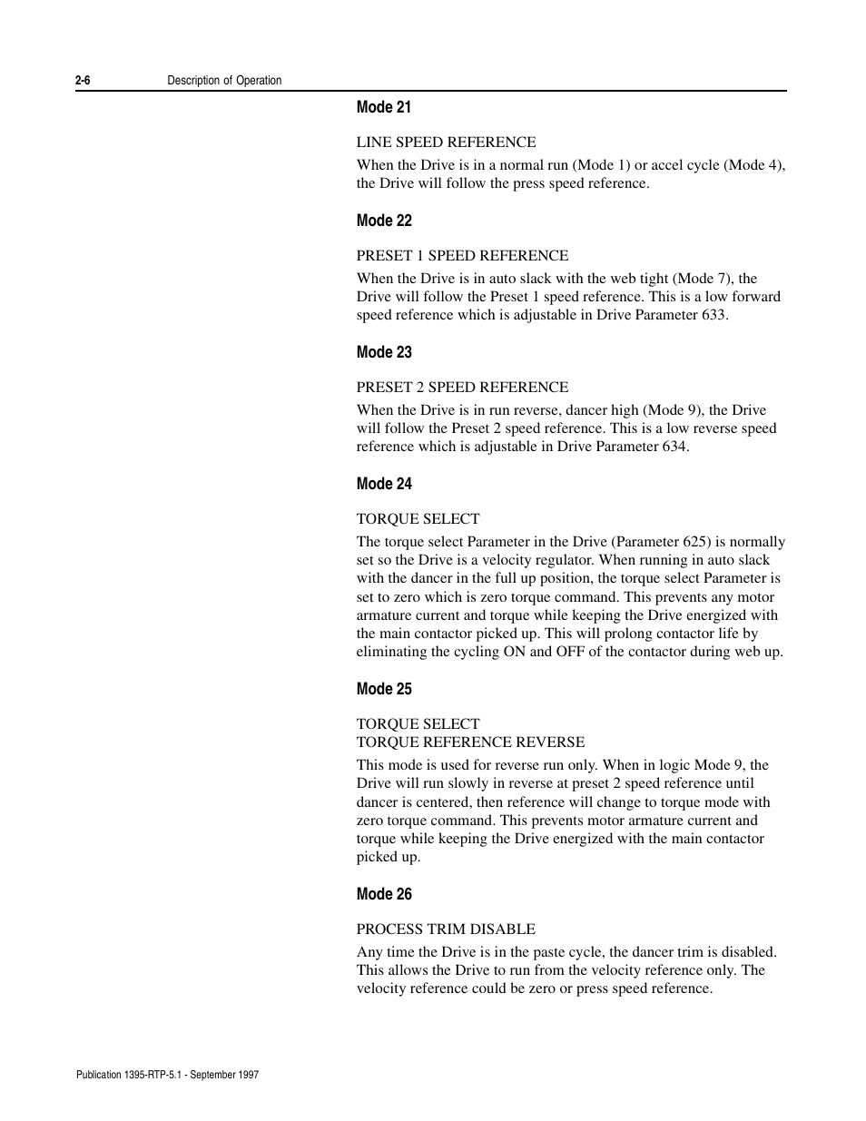 Mode 21, Line speed reference, Mode 22 | Preset 1 speed reference, Mode 23, Preset 2 speed reference, Mode 24, Torque select, Mode 25, Torque reference reverse | Rockwell Automation 1395 Reel Tension Paster Adapter User Manual | Page 18 / 49