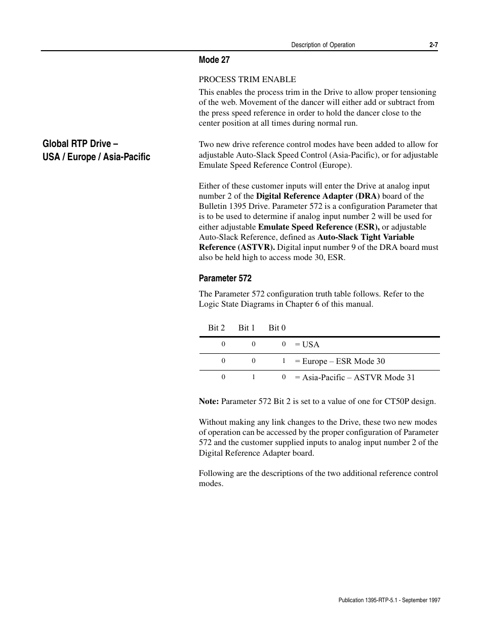 Mode 27, Process trim enable, Global rtp drive – usa / europe / asia-pacific | Parameter 572 | Rockwell Automation 1395 Reel Tension Paster Adapter User Manual | Page 19 / 49