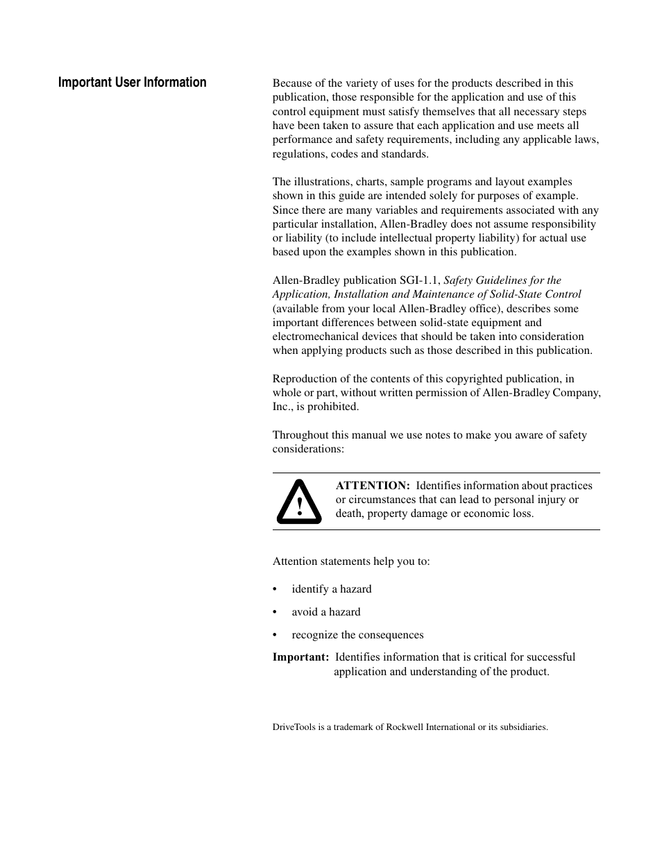 Important user information | Rockwell Automation 1395 Reel Tension Paster Adapter User Manual | Page 2 / 49