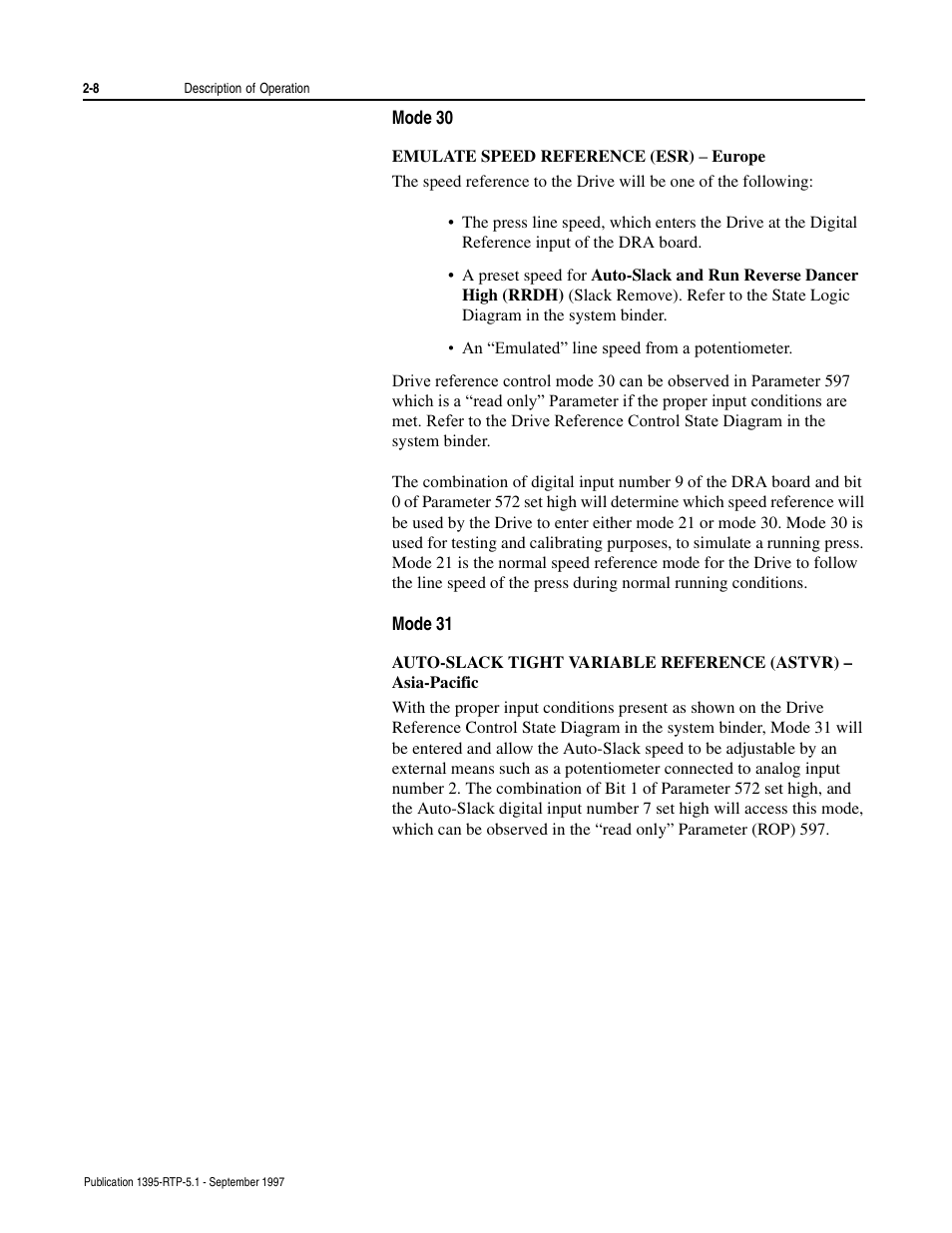 Mode 30, Emulate speed reference (esr) – europe, Mode 31 | Rockwell Automation 1395 Reel Tension Paster Adapter User Manual | Page 20 / 49