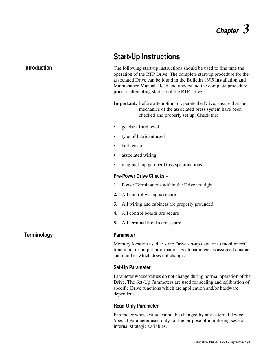 Chapter 3, Introduction, Prepower drive checks | Power terminations within the drive are tight, All control wiring is secure, All wiring and cabinets are properly grounded, All control boards are secure, All terminal blocks are secure, Terminology, Parameter | Rockwell Automation 1395 Reel Tension Paster Adapter User Manual | Page 21 / 49