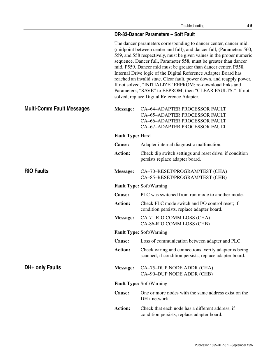 Dr83dancer parameters – soft fault, Multi-comm fault messages, Rio faults | Dh+ only faults | Rockwell Automation 1395 Reel Tension Paster Adapter User Manual | Page 45 / 49