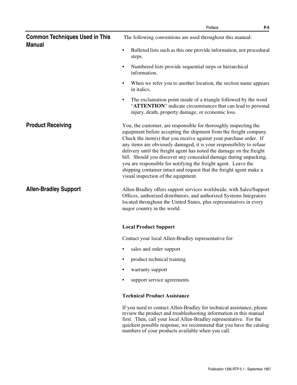 Common techniques used in this manual, Product receiving, Allen-bradley support | Rockwell Automation 1395 Reel Tension Paster Adapter User Manual | Page 9 / 49