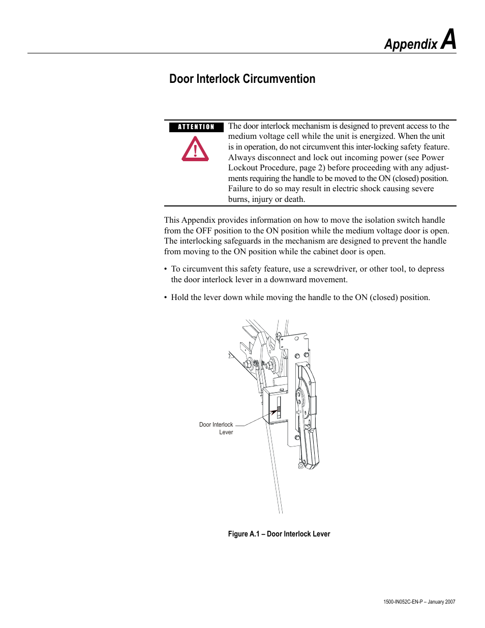 Appendix, Door interlock circumvention | Rockwell Automation 1500 Isolation Switch Handle Interlock Mechanism Engagement Replacement User Manual | Page 17 / 20