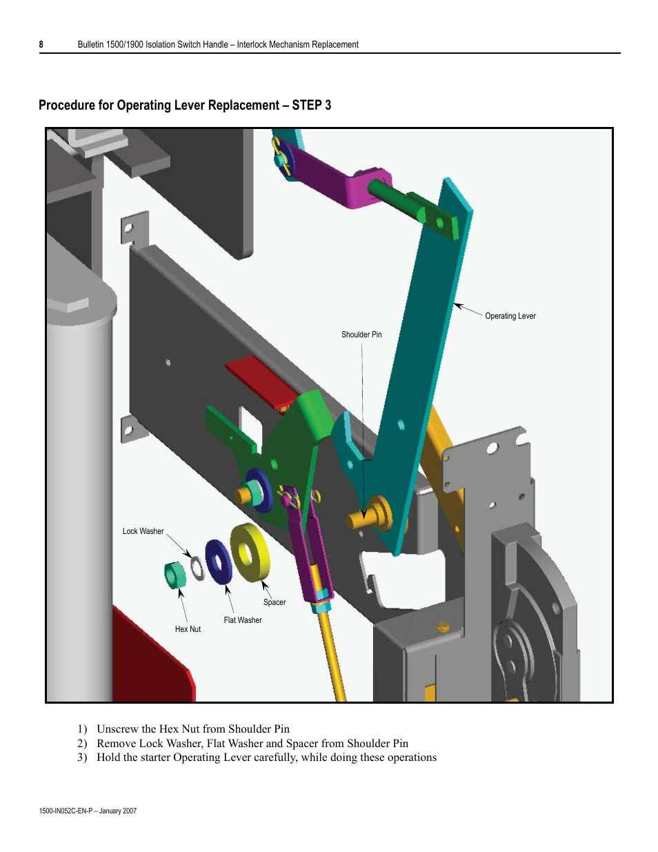 Procedure for operating lever replacement – step 3 | Rockwell Automation 1500 Isolation Switch Handle Interlock Mechanism Engagement Replacement User Manual | Page 8 / 20