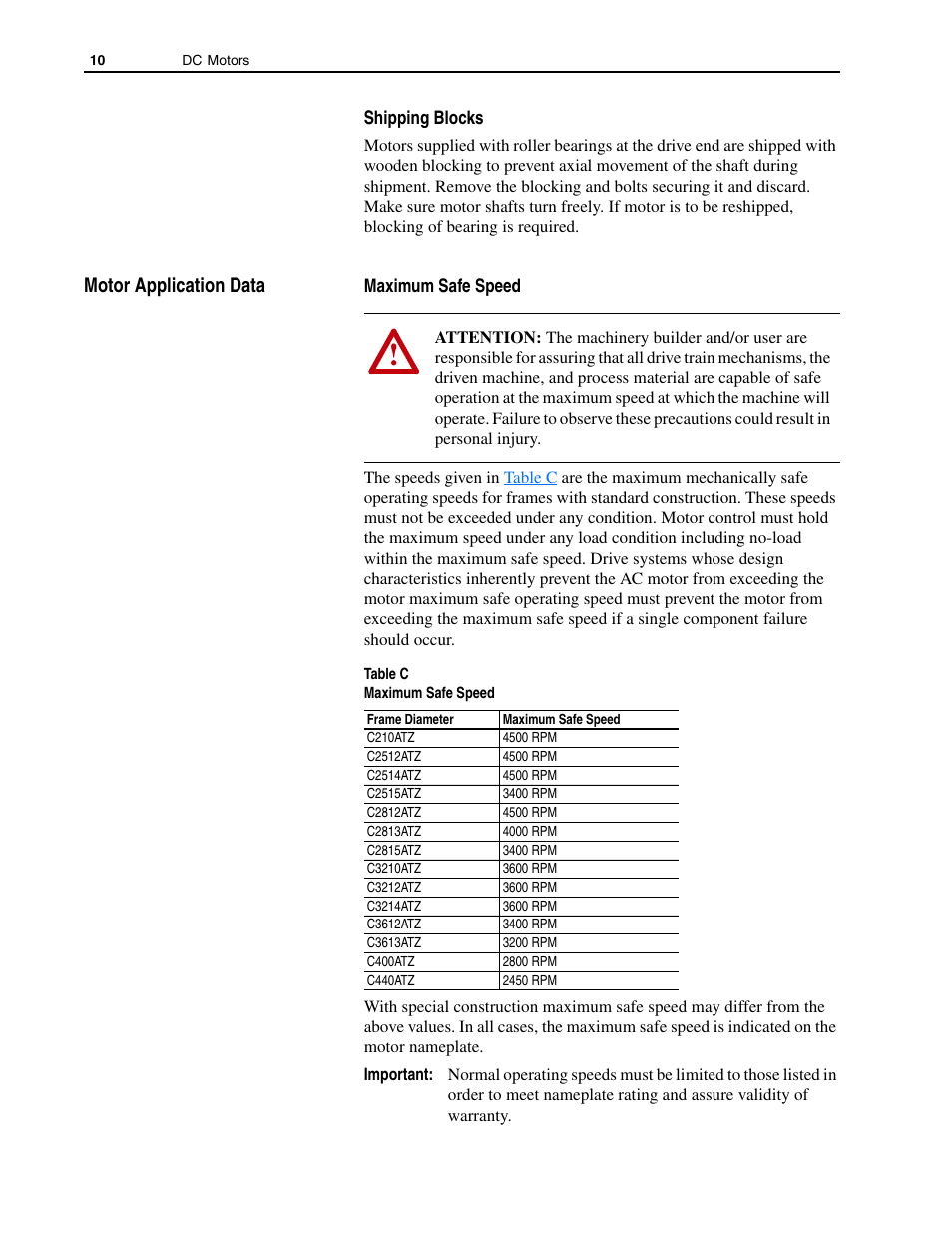 Shipping blocks, Motor application data, Maximum safe speed | Rockwell Automation 1325L DC Motors, Frames C210ATZ - C440ATZ User Manual | Page 10 / 28