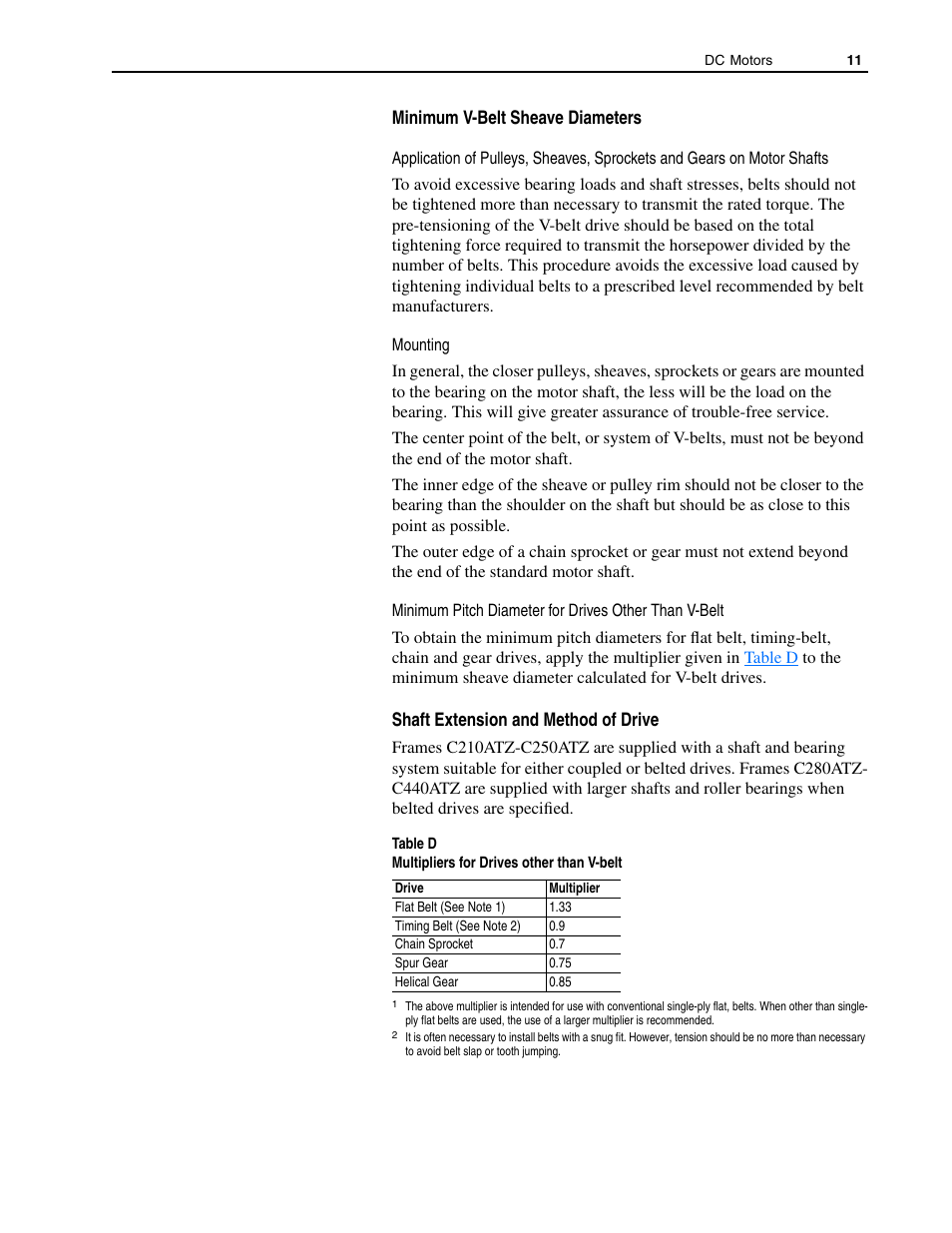 Minimum v-belt sheave diameters, Shaft extension and method of drive | Rockwell Automation 1325L DC Motors, Frames C210ATZ - C440ATZ User Manual | Page 11 / 28