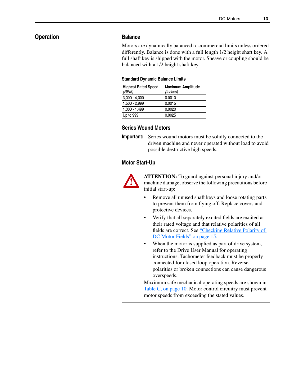 Operation, Balance, Series wound motors | Motor start-up | Rockwell Automation 1325L DC Motors, Frames C210ATZ - C440ATZ User Manual | Page 13 / 28