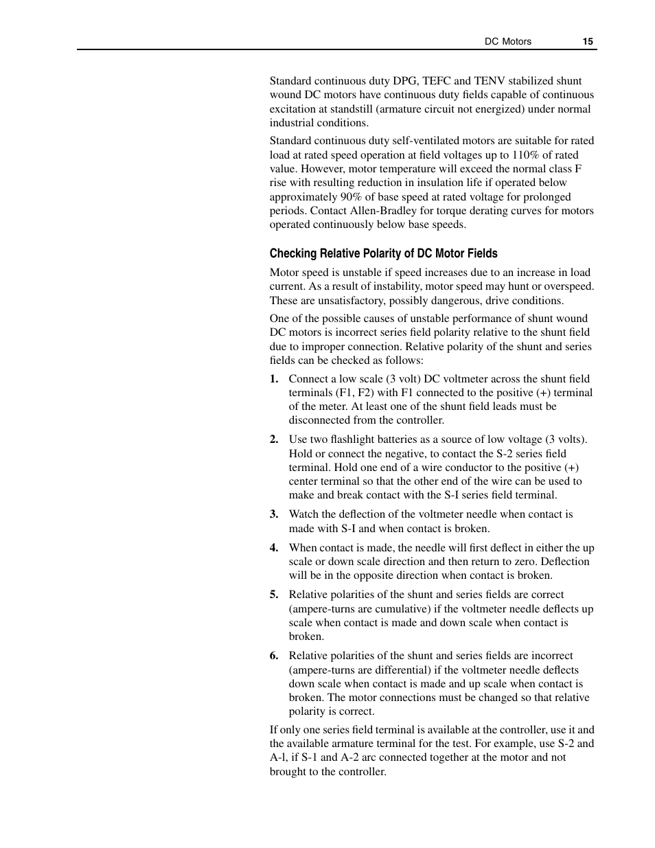 Checking relative polarity of dc motor fields, Checking relative polarity of | Rockwell Automation 1325L DC Motors, Frames C210ATZ - C440ATZ User Manual | Page 15 / 28