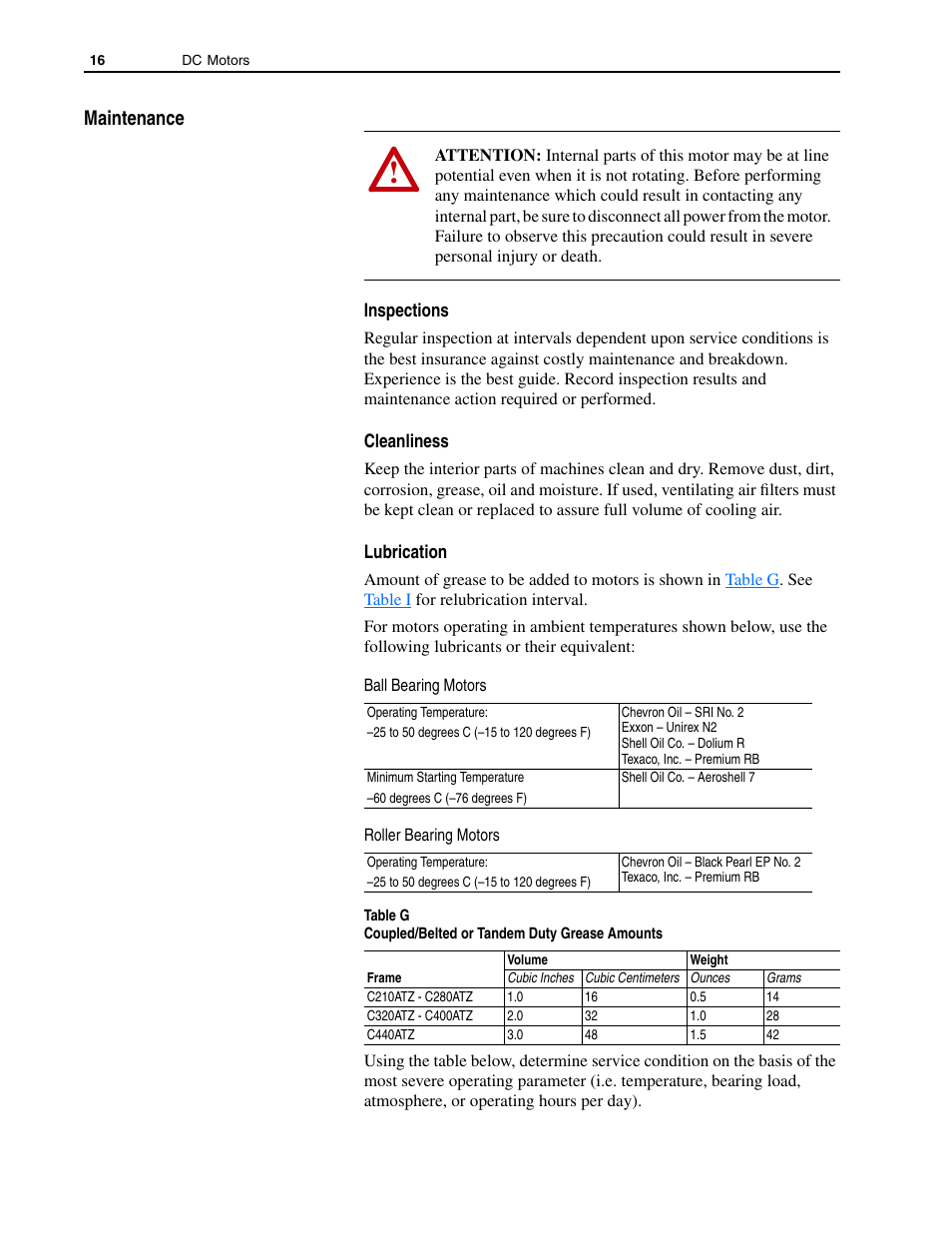 Maintenance, Inspections, Cleanliness | Lubrication | Rockwell Automation 1325L DC Motors, Frames C210ATZ - C440ATZ User Manual | Page 16 / 28