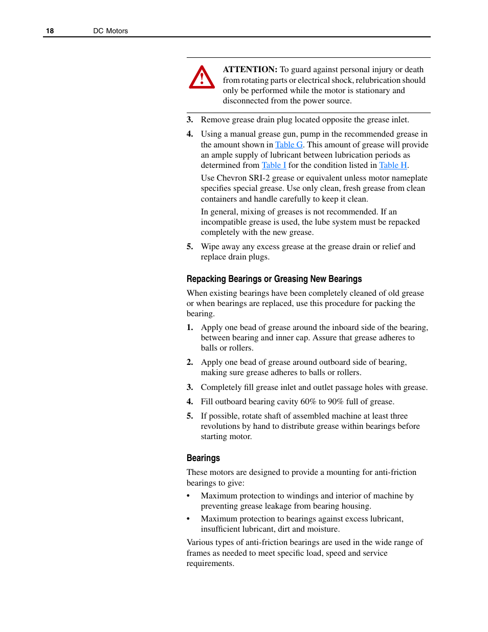Repacking bearings or greasing new bearings, Bearings | Rockwell Automation 1325L DC Motors, Frames C210ATZ - C440ATZ User Manual | Page 18 / 28