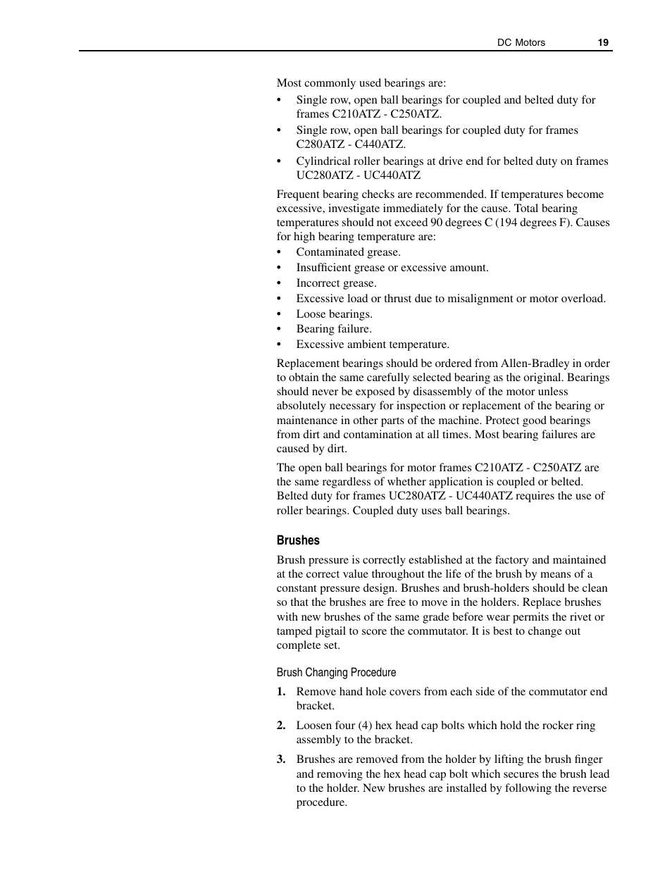Brushes | Rockwell Automation 1325L DC Motors, Frames C210ATZ - C440ATZ User Manual | Page 19 / 28