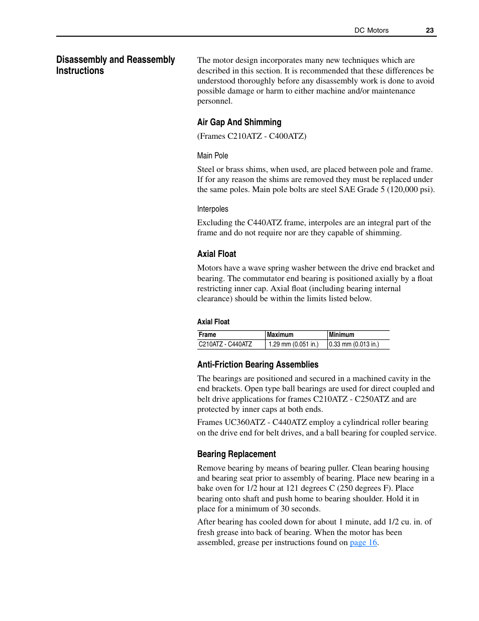 Disassembly and reassembly instructions, Air gap and shimming, Axial float | Anti-friction bearing assemblies, Bearing replacement | Rockwell Automation 1325L DC Motors, Frames C210ATZ - C440ATZ User Manual | Page 23 / 28