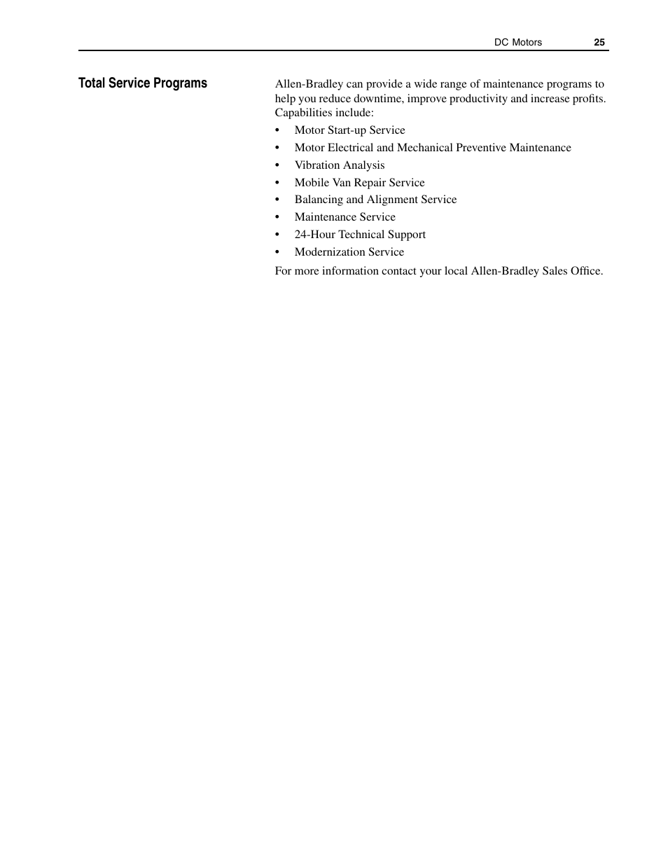 Total service programs | Rockwell Automation 1325L DC Motors, Frames C210ATZ - C440ATZ User Manual | Page 25 / 28