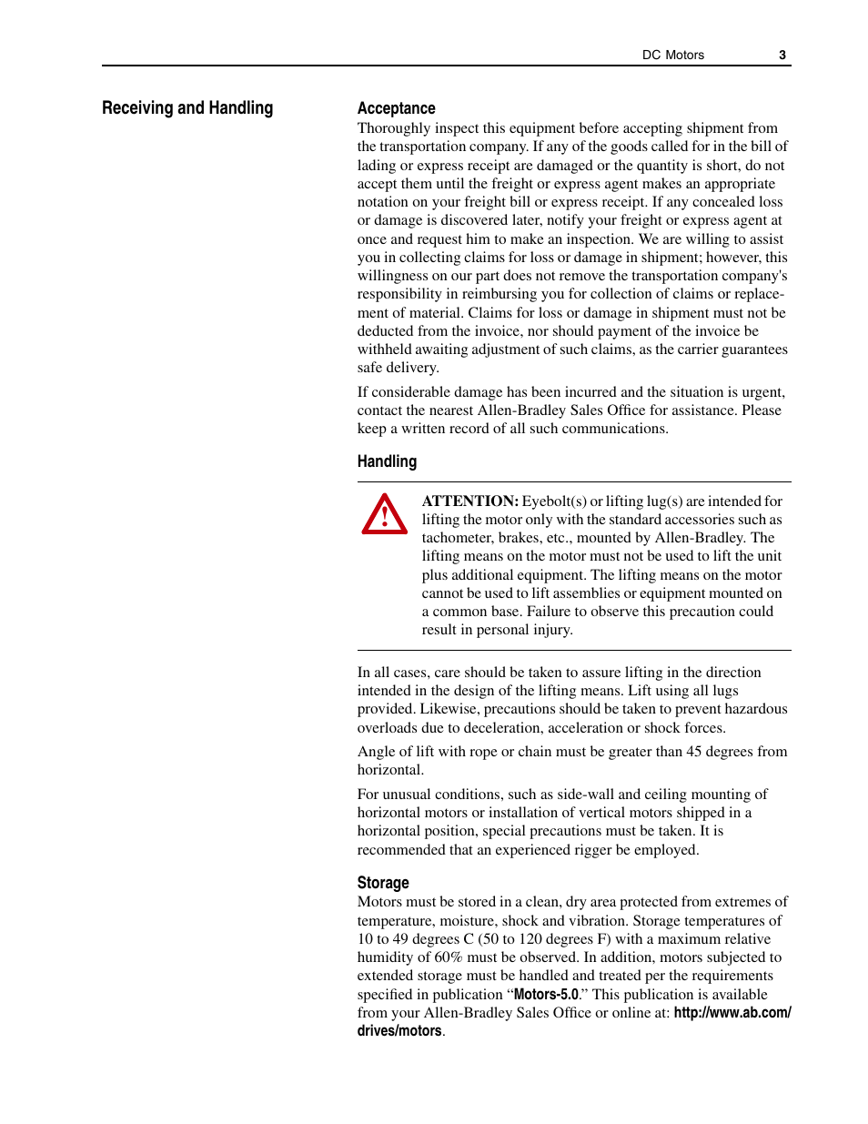 Receiving and handling, Acceptance, Handling | Storage | Rockwell Automation 1325L DC Motors, Frames C210ATZ - C440ATZ User Manual | Page 3 / 28