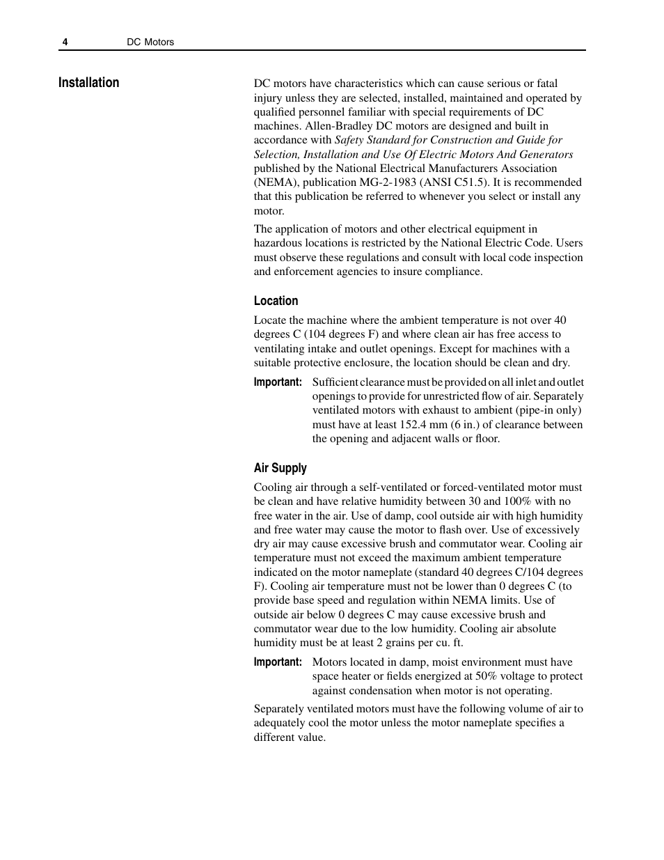 Installation, Location, Air supply | Rockwell Automation 1325L DC Motors, Frames C210ATZ - C440ATZ User Manual | Page 4 / 28