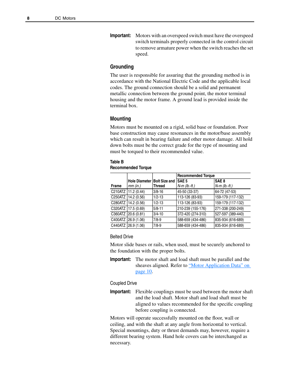 Grounding, Mounting | Rockwell Automation 1325L DC Motors, Frames C210ATZ - C440ATZ User Manual | Page 8 / 28