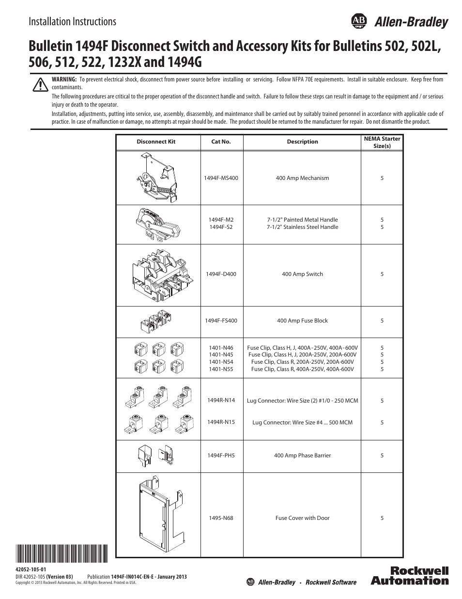 Rockwell Automation 1494F- 400A Disconnect Switch and Accessory Kits User Manual | 6 pages