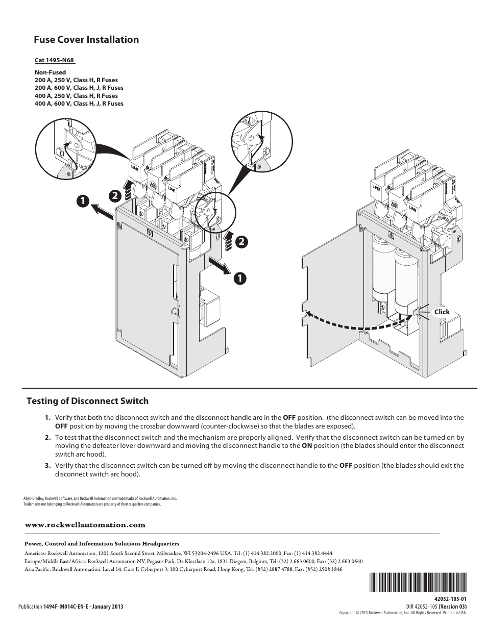 Fuse cover installation | Rockwell Automation 1494F- 400A Disconnect Switch and Accessory Kits User Manual | Page 6 / 6