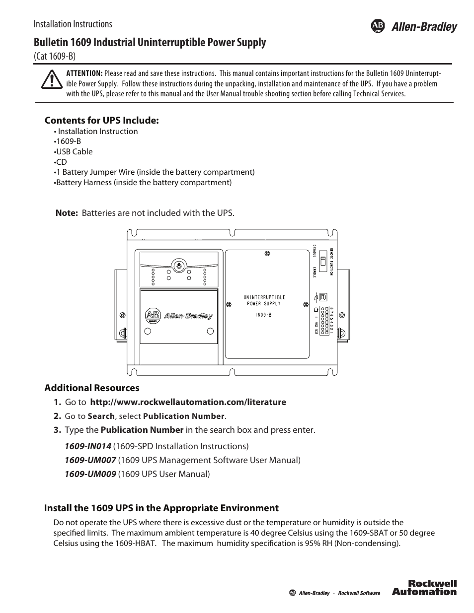 Rockwell Automation 1609 Industrial Uninterruptible Power Supply - Series B User Manual | 8 pages