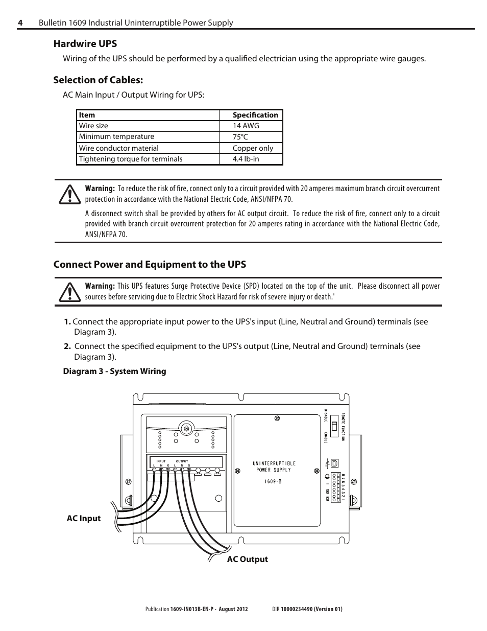 Hardwire ups, Selection of cables, Connect power and equipment to the ups | Rockwell Automation 1609 Industrial Uninterruptible Power Supply - Series B User Manual | Page 4 / 8