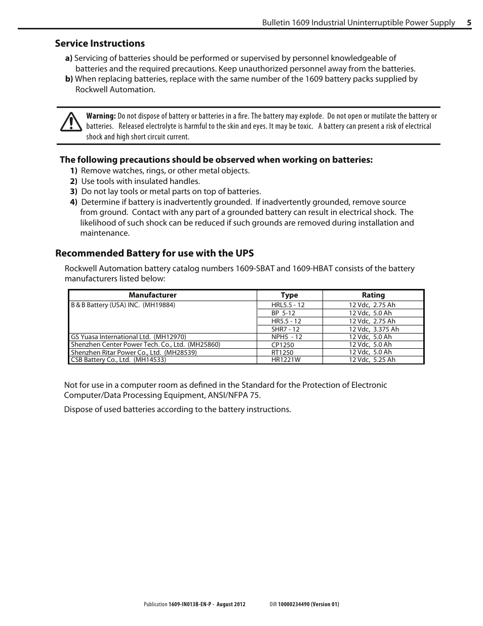 Recommended battery for use with the ups, Service instructions | Rockwell Automation 1609 Industrial Uninterruptible Power Supply - Series B User Manual | Page 5 / 8