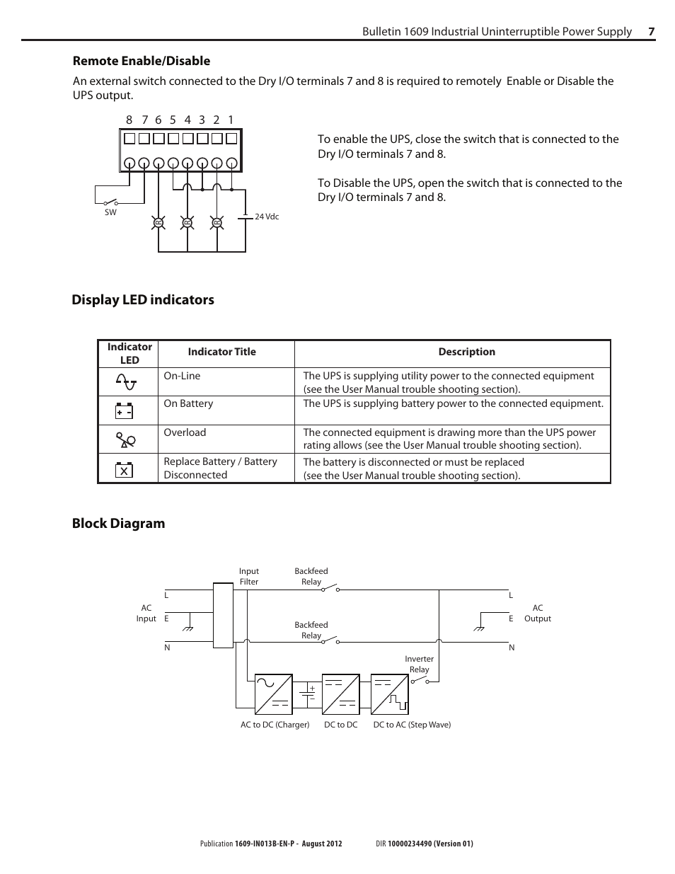 Display led indicators block diagram, Remote enable/disable | Rockwell Automation 1609 Industrial Uninterruptible Power Supply - Series B User Manual | Page 7 / 8