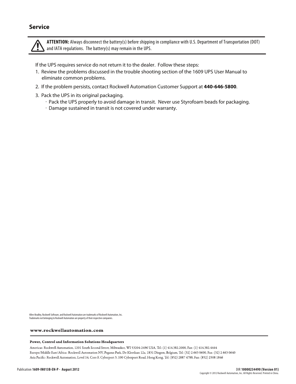 Service | Rockwell Automation 1609 Industrial Uninterruptible Power Supply - Series B User Manual | Page 8 / 8