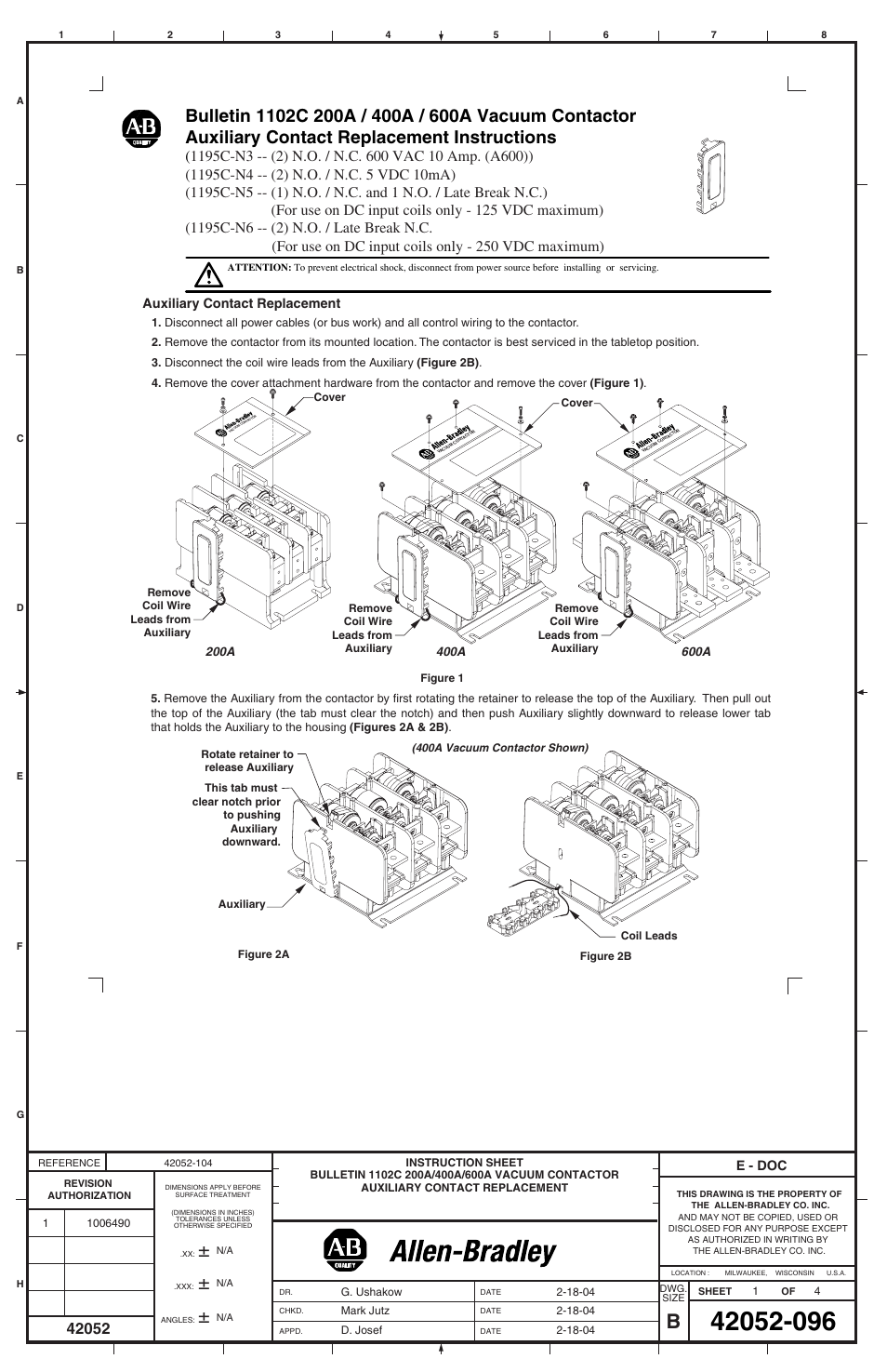 Rockwell Automation 1195C-N3_4_5_6 200A / 400A / 600A Vacuum Contactor Auxiliary Contact Replacement User Manual | 4 pages