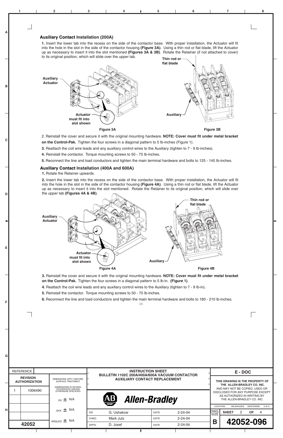 Rockwell Automation 1195C-N3_4_5_6 200A / 400A / 600A Vacuum Contactor Auxiliary Contact Replacement User Manual | Page 2 / 4