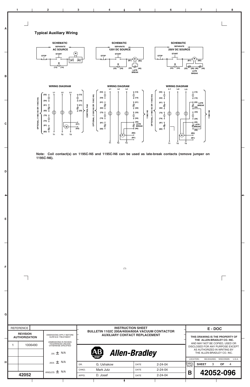 E - doc typical auxiliary wiring, G. ushakow | Rockwell Automation 1195C-N3_4_5_6 200A / 400A / 600A Vacuum Contactor Auxiliary Contact Replacement User Manual | Page 3 / 4