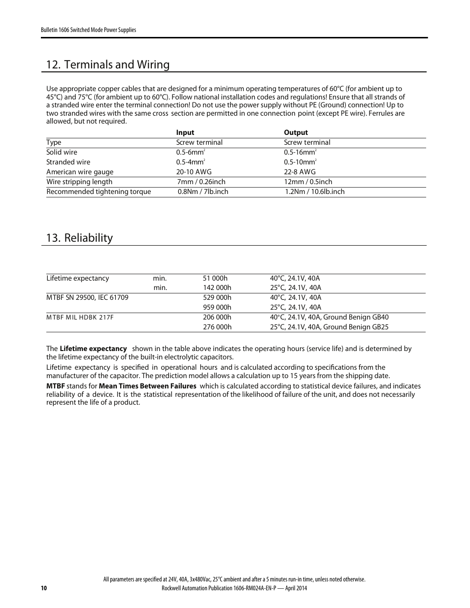 Terminals and wiring, Reliability | Rockwell Automation 1606-XLE960DX-3N Power Supply Reference Manual User Manual | Page 10 / 22