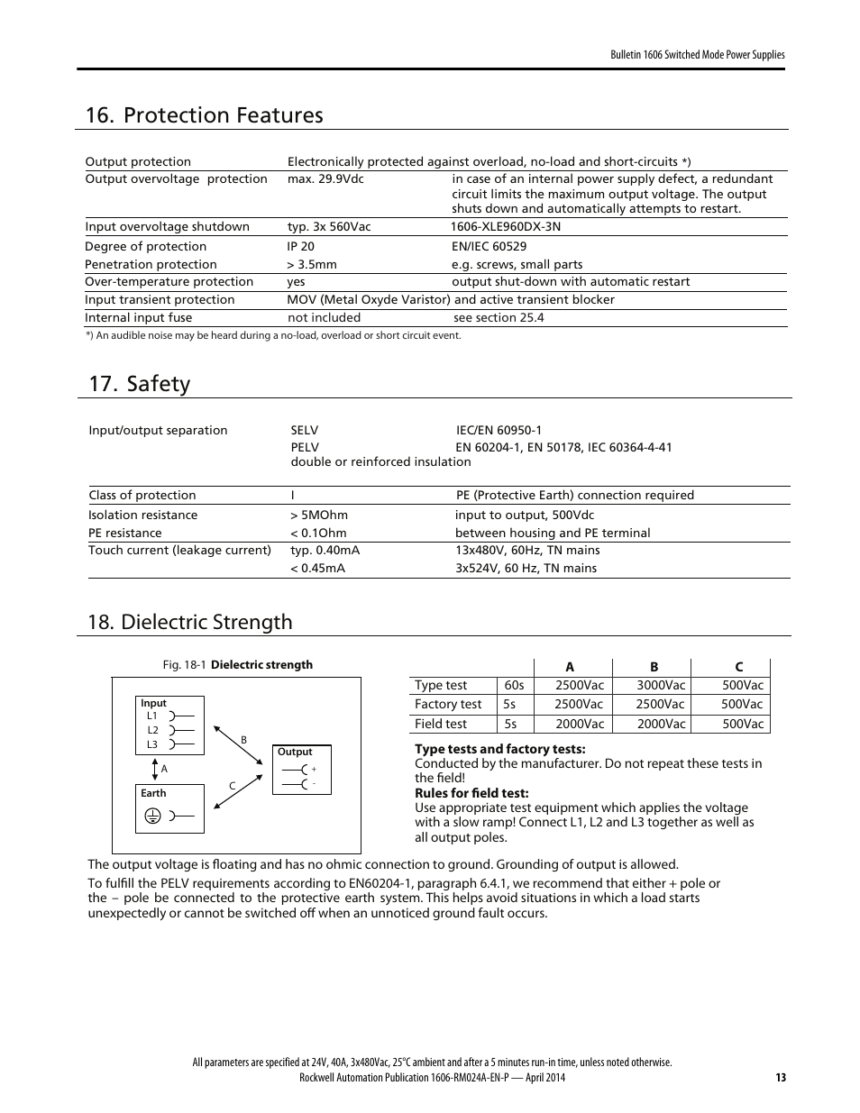 Protection features, Safety, Dielectric strength | Rockwell Automation 1606-XLE960DX-3N Power Supply Reference Manual User Manual | Page 13 / 22