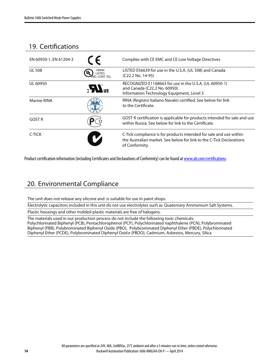 Certifications, Environmental compliance | Rockwell Automation 1606-XLE960DX-3N Power Supply Reference Manual User Manual | Page 14 / 22