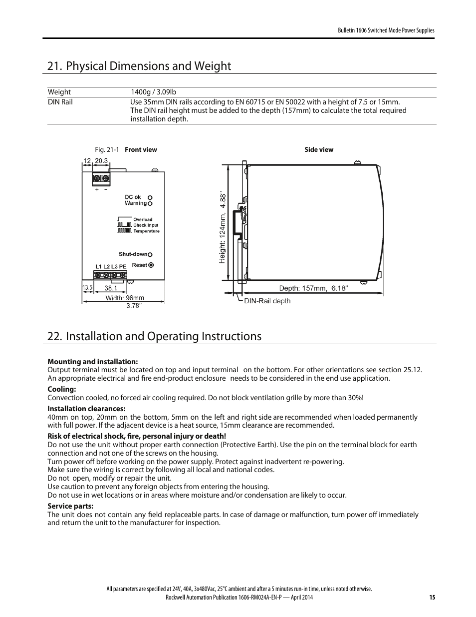 Physical dimensions and weight, Installation and operating instructions | Rockwell Automation 1606-XLE960DX-3N Power Supply Reference Manual User Manual | Page 15 / 22
