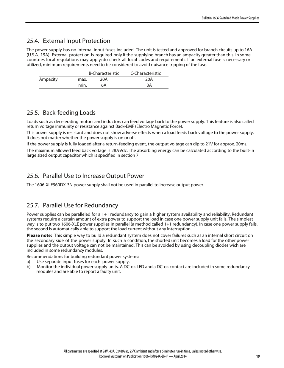 External input protection, Back-feeding loads, Parallel use to increase output power | Parallel use for redundancy | Rockwell Automation 1606-XLE960DX-3N Power Supply Reference Manual User Manual | Page 19 / 22