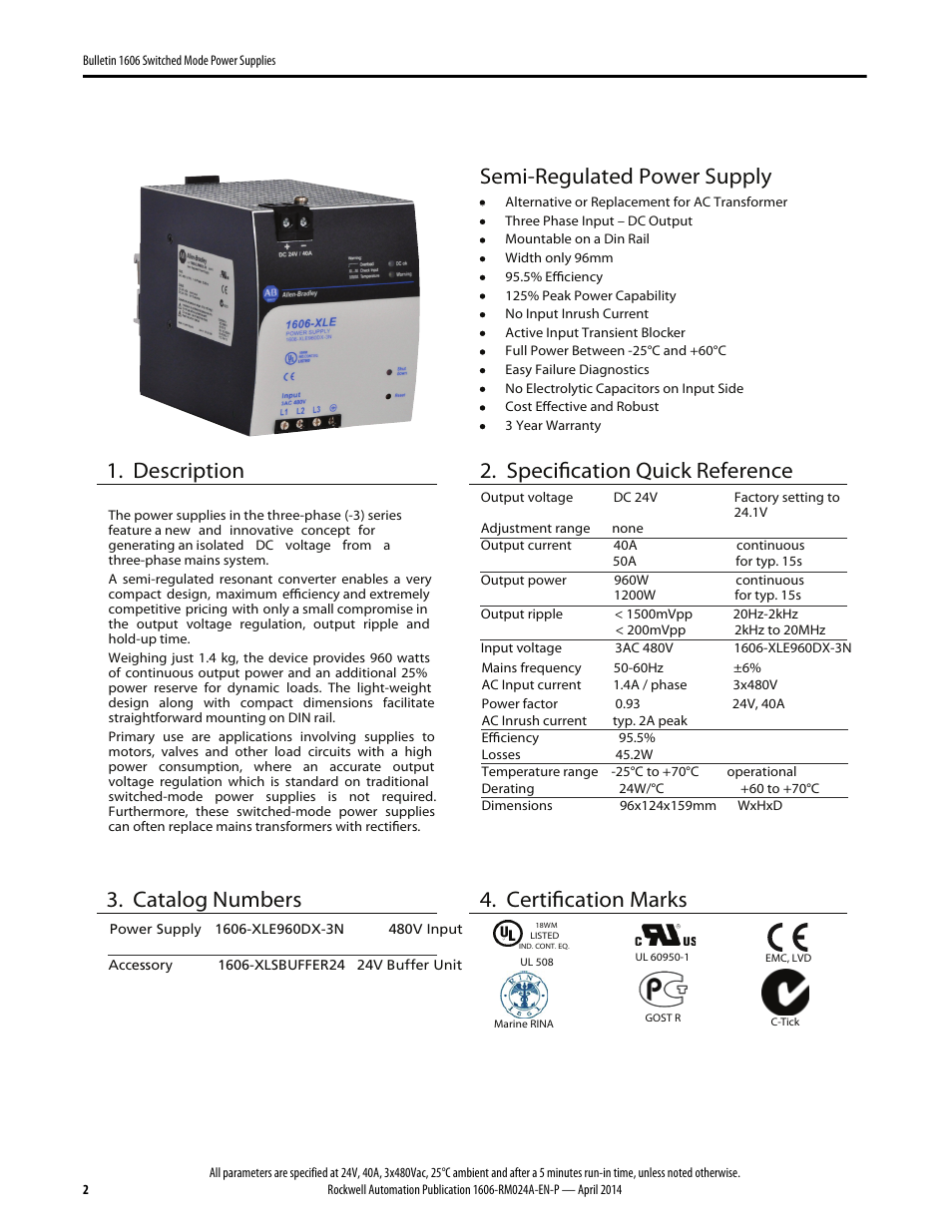 Semi-regulated power supply, Description, Specification quick reference | Catalog numbers, Certification marks | Rockwell Automation 1606-XLE960DX-3N Power Supply Reference Manual User Manual | Page 2 / 22