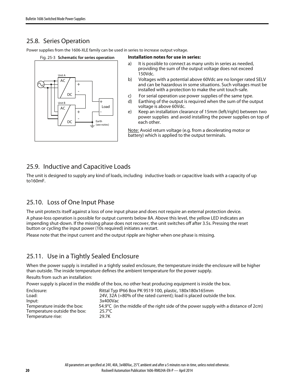 Series operation, Inductive and capacitive loads, Loss of one input phase | Use in a tightly sealed enclosure | Rockwell Automation 1606-XLE960DX-3N Power Supply Reference Manual User Manual | Page 20 / 22