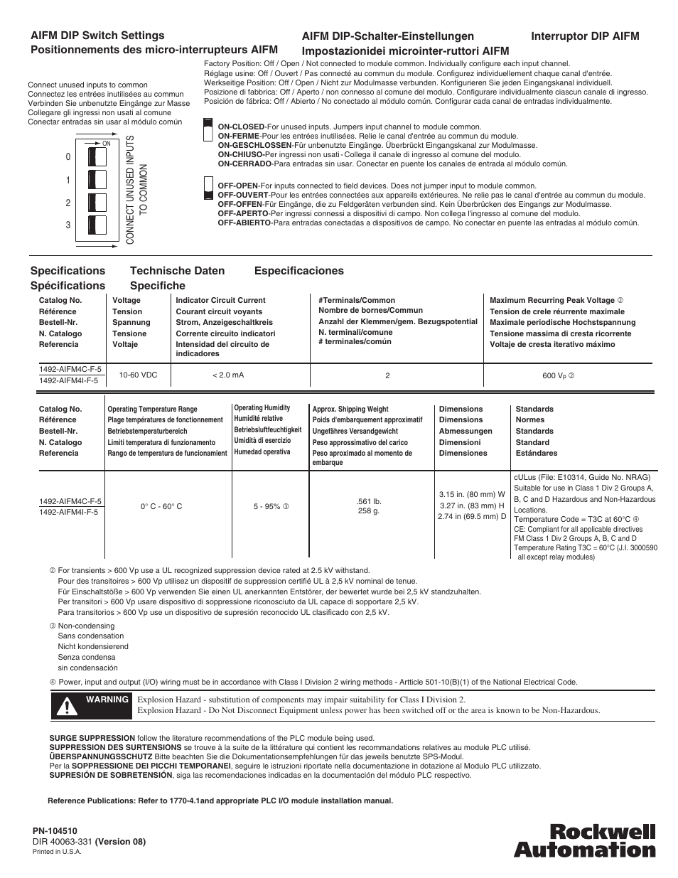 Specifications spécifications, Technische daten specifiche especificaciones, Connect unused inputs to common | Rockwell Automation 1492-AIFM4C-F_AIFM4I-F-5 4 Channel Fusible Analog Input Interface Modules User Manual | Page 6 / 6