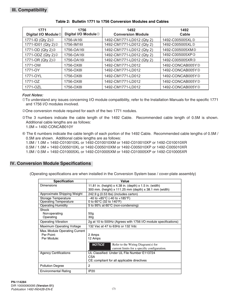 Iii. compatibility, Iv. conversion module specifications | Rockwell Automation 1492-CM1771-LD0012 Field Wire Conversion Module User Manual | Page 3 / 16