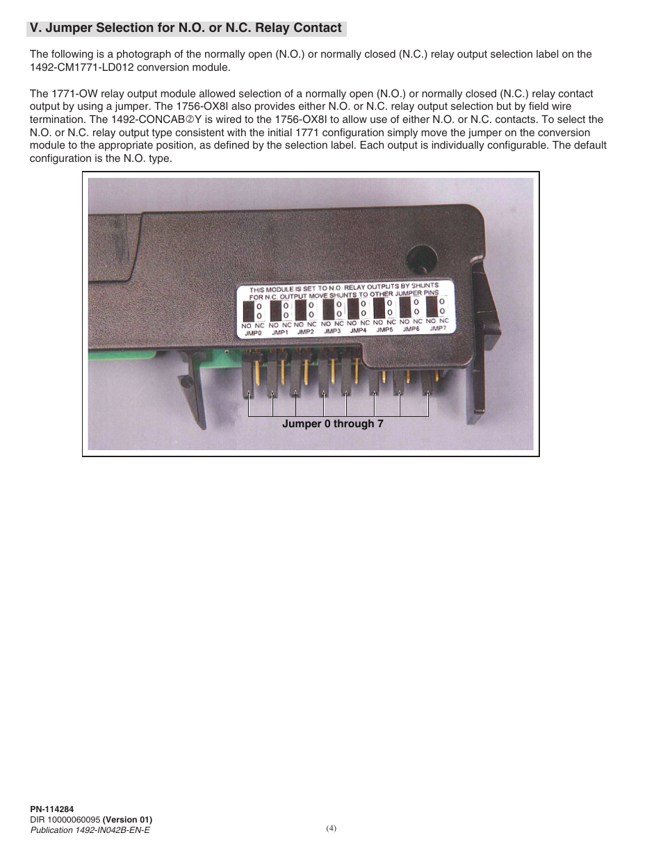 V. jumper selection for n.o. or n.c. relay contact | Rockwell Automation 1492-CM1771-LD0012 Field Wire Conversion Module User Manual | Page 4 / 16