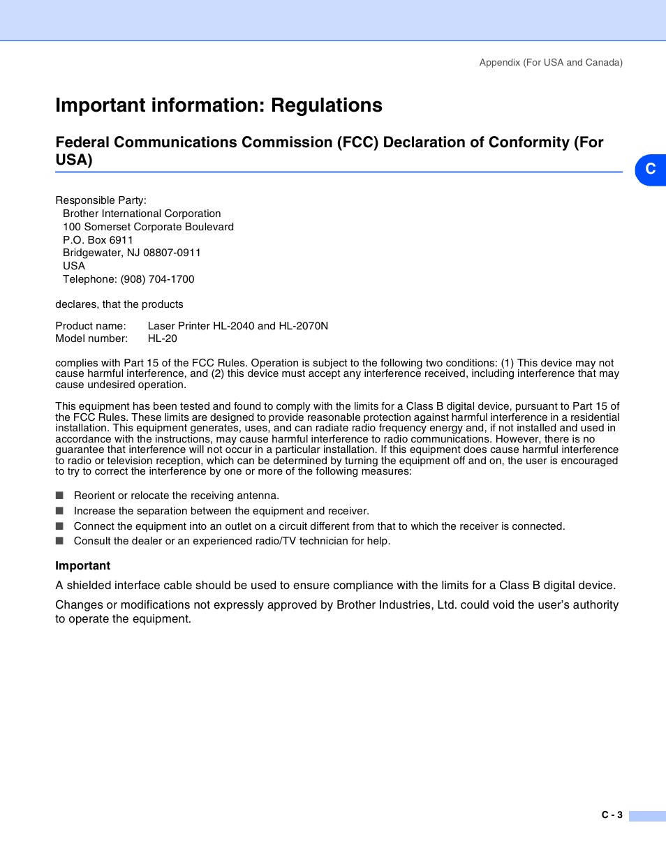 Important information: regulations | Brother HL-2030 User Manual | Page 105 / 110